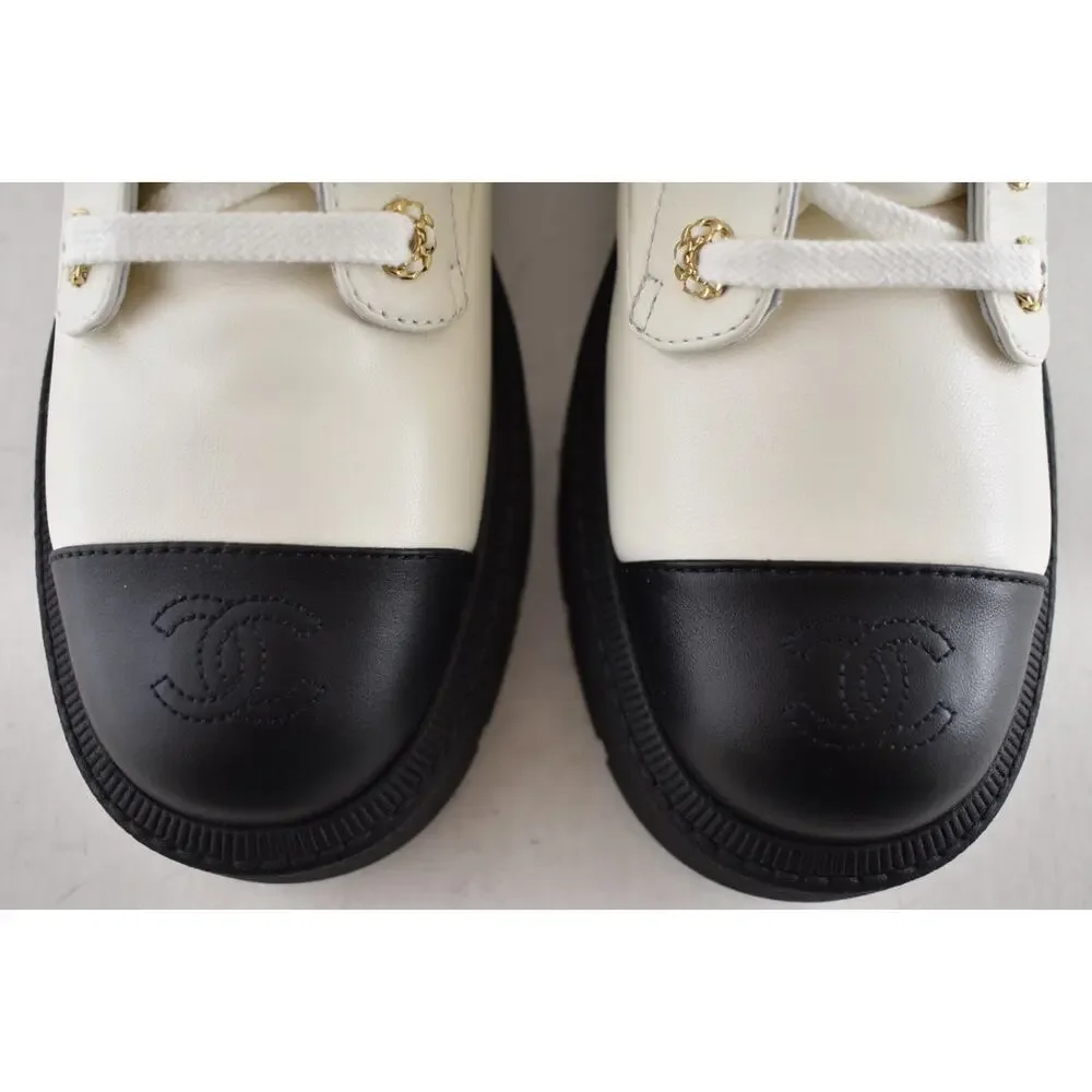 Chanel 24B White Quilt Gold CC Chain Combat Black Platform Ankle Short Boots 37c - Picture 16 of 16
